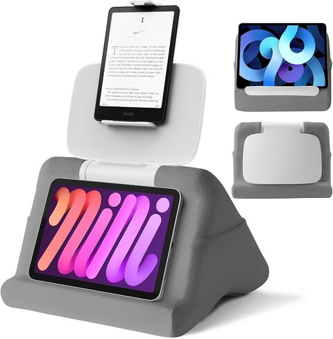 SAIJI Tablet Pillow Stand - iPad mini Kindle Holder for Lap in Bed, with Lifter & Angle Adjustable Multi-Function Clip for 4-13" Tablets, Grey in Kuwait