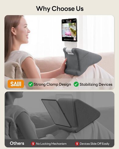 SAIJI Tablet Pillow Stand - iPad mini Kindle Holder for Lap in Bed, with Lifter & Angle Adjustable Multi-Function Clip for 4-13" Tablets, Grey in Kuwait