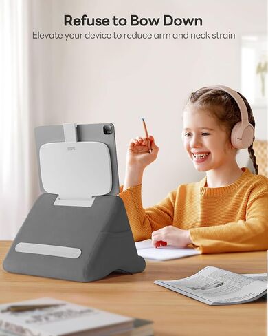 SAIJI Tablet Pillow Stand - iPad mini Kindle Holder for Lap in Bed, with Lifter & Angle Adjustable Multi-Function Clip for 4-13" Tablets, Grey in Kuwait