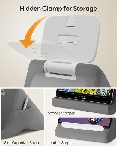 SAIJI Tablet Pillow Stand - iPad mini Kindle Holder for Lap in Bed, with Lifter & Angle Adjustable Multi-Function Clip for 4-13" Tablets, Grey in Kuwait