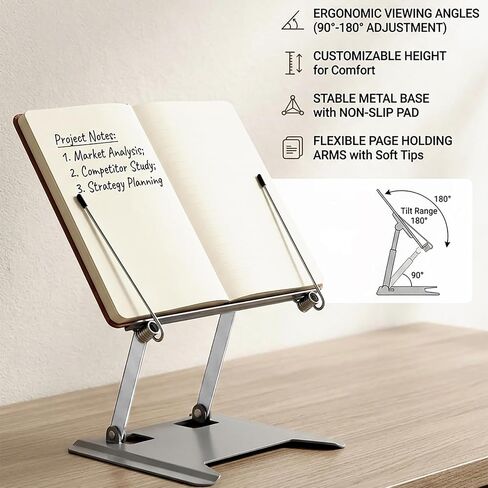 Metal Foldable Book Stand, Adjustable Desk Holder with Page Clips, for Tablet in Kuwait
