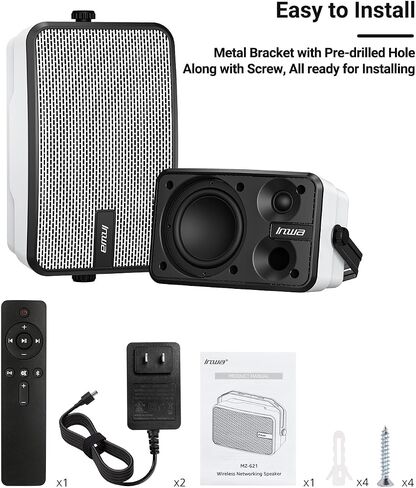 Inwa Outdoor Bluetooth Speakers, IPX5 Waterproof 400W Wall Mount Speaker, Powerful Indoor/Outdoor Sound System, Wireless Sync Up to 100 Speakers, Suitable for Patio/Porch/Gazebo/Garage(MZ-621, Pair) in Saudi Arabia