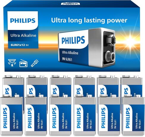 PHILIPS 9V Batteries Alkaline 9 Volt Battery 12 Pack Ultra Long Lasting 9V Battery for Household and Office Devices Smoke Detector in Kuwait