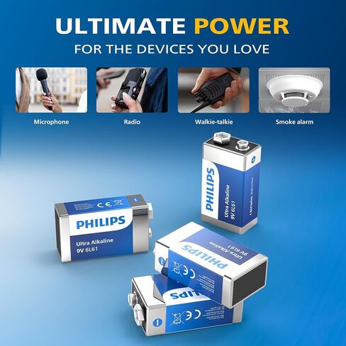 PHILIPS 9V Batteries Alkaline 9 Volt Battery 12 Pack Ultra Long Lasting 9V Battery for Household and Office Devices Smoke Detector in Kuwait