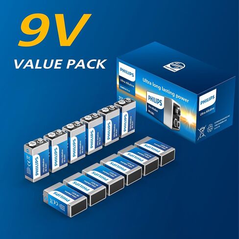 PHILIPS 9V Batteries Alkaline 9 Volt Battery 12 Pack Ultra Long Lasting 9V Battery for Household and Office Devices Smoke Detector in Kuwait