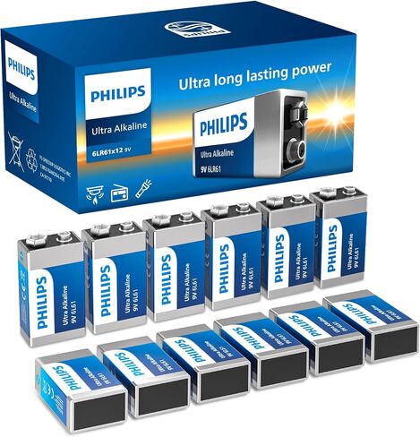 PHILIPS 9V Batteries Alkaline 9 Volt Battery 12 Pack Ultra Long Lasting 9V Battery for Household and Office Devices Smoke Detector in Kuwait