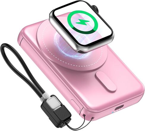 شاحن محمول مغناطيسي من SIXTHGU، بنك طاقة لاسلكي 3 في 1 لحزمة بطارية Magsafe 5000 مللي أمبير في الساعة، شحن سريع PD20W مع كابل USB-C مدمج، S05 لسلسلة iPhone 17/16/15/14، وساعة Apple/Airpods in Kuwait