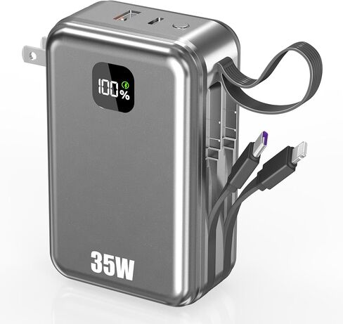 27000mAh Portable Charger with Wall Plug, 35W Fast Charging Power Bank Built-in Cables,USB C 4 Ports TSA-Approved Travel Essentials High Capacity Battery Pack for iPhone-Space Glay in Kuwait