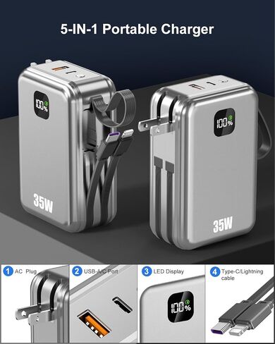 27000mAh Portable Charger with Wall Plug, 35W Fast Charging Power Bank Built-in Cables,USB C 4 Ports TSA-Approved Travel Essentials High Capacity Battery Pack for iPhone-Space Glay in Kuwait