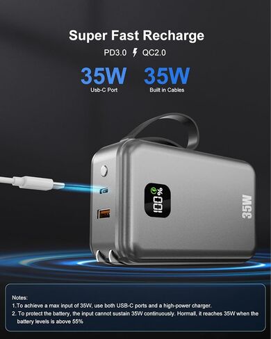 27000mAh Portable Charger with Wall Plug, 35W Fast Charging Power Bank Built-in Cables,USB C 4 Ports TSA-Approved Travel Essentials High Capacity Battery Pack for iPhone-Space Glay in Kuwait