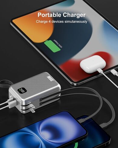 27000mAh Portable Charger with Wall Plug, 35W Fast Charging Power Bank Built-in Cables,USB C 4 Ports TSA-Approved Travel Essentials High Capacity Battery Pack for iPhone-Space Glay in Kuwait