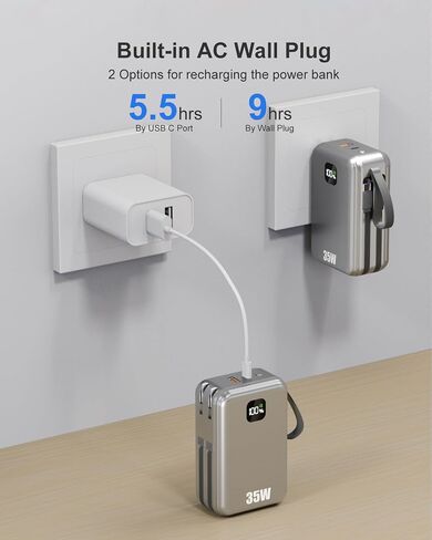 27000mAh Portable Charger with Wall Plug, 35W Fast Charging Power Bank Built-in Cables,USB C 4 Ports TSA-Approved Travel Essentials High Capacity Battery Pack for iPhone-Space Glay in Kuwait