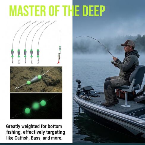 5Pcs Fishing Rigs for Trout Catfish Perch 12 Inch Steel Leader Lines with Fishing Weight 1/4oz Swivels Freshwater Saltwater Pre-Rigged Hooks for Limb Lines Metal Catfishing Finder Gear in Saudi Arabia