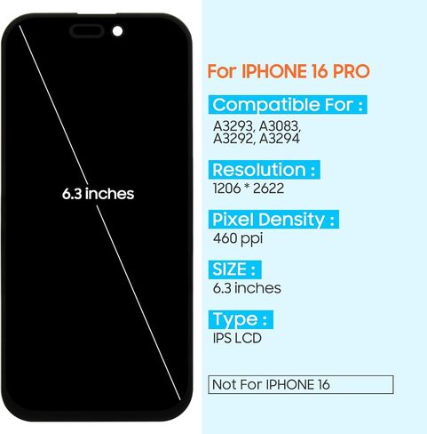Incell LCD Display for iPhone 16 Pro Screen Replacement Kit for iPhone 16 Pro LCD Screen Touchscreen Digitizer Glass Full Assembly with Repair Tools A3293 A3083 A3292 A3294 (Black) in Saudi Arabia