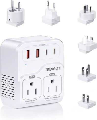 2000W Voltage Converter US to Europe for Hair Dryers, 7-in-1 220V to 110V Converter for European Travel with 3 AC/2 USBA/2 USBC Ports (PD20W), European Travel Adapter (White) in Saudi Arabia