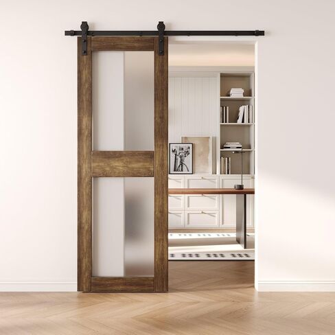Dark Walnut 30“x84" 2-Lite Frosted Glass Finished and Unassembled Sliding Barn Door Only (Interior Use Only) in Kuwait