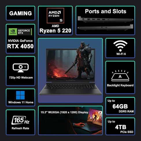 iCarp Customized Laptop Made with Dell Alienware 15 Gaming Laptop 15.3" WUXGA 165Hz AMD 6-core Ryzen 5 220 16GB/32GB/64GB DDR5 512GB/1TB/2TB/4TB SSD GeForce RTX 4050 Type-c Backlit Win11 in Kuwait