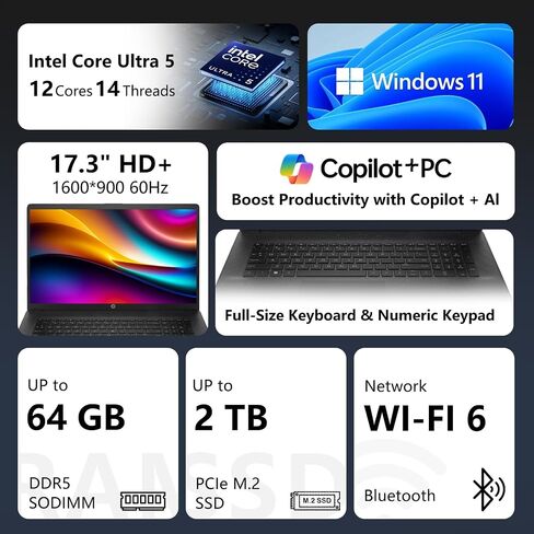 HP 17.3"Business Copliot AI Laptop, Intel Ultra 5 255U, Battery Fast charge in Kuwait