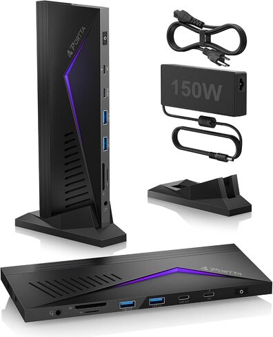 PORTTA 14 in 1 Displaylink Docking Station Triple Monitor 4K 60Hz with 150W Power Adapter, HDMI x3, USB x6, Ethernet, SD/TF, 100W PD, Audio/Mic, Compatible with MacOS/Windows SST/MST, Driver Required in Kuwait