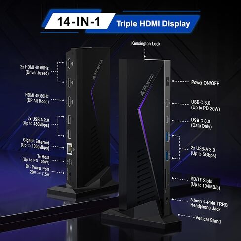 PORTTA 14 in 1 Displaylink Docking Station Triple Monitor 4K 60Hz with 150W Power Adapter, HDMI x3, USB x6, Ethernet, SD/TF, 100W PD, Audio/Mic, Compatible with MacOS/Windows SST/MST, Driver Required in Kuwait