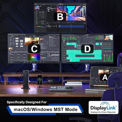 PORTTA 14 in 1 Displaylink Docking Station Triple Monitor 4K 60Hz with 150W Power Adapter, HDMI x3, USB x6, Ethernet, SD/TF, 100W PD, Audio/Mic, Compatible with MacOS/Windows SST/MST, Driver Required in Kuwait