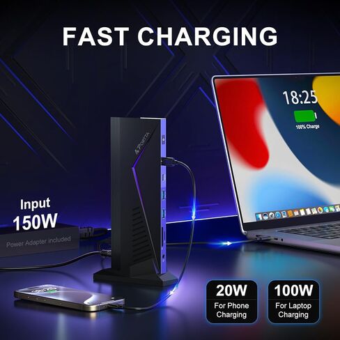 PORTTA 14 in 1 Displaylink Docking Station Triple Monitor 4K 60Hz with 150W Power Adapter, HDMI x3, USB x6, Ethernet, SD/TF, 100W PD, Audio/Mic, Compatible with MacOS/Windows SST/MST, Driver Required in Kuwait