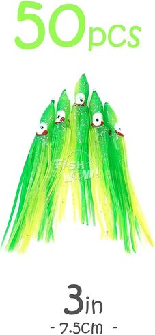 50pcs Fish WOW!® Green Yellow 3" Chartreuse Squid Skirts 7.5cm Hoochies Octopus Skirt Fishing Soft Trolling Lures in Saudi Arabia