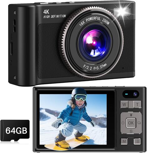 كاميرا رقمية، كاميرات مزدوجة بدقة 4K 64 ميجابكسل ذات تركيز تلقائي فائق الدقة مع بطاقة Micro SD سعة 64 جيجابايت وشاشة IPS مقاس 2.8 بوصة، وكاميرا سيلفي مدمجة للتكبير والتصغير الرقمي 18X للمراهقين والبالغين المبتدئين، باللون الأسود in Kuwait