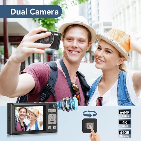 كاميرا رقمية، كاميرات مزدوجة بدقة 4K 64 ميجابكسل ذات تركيز تلقائي فائق الدقة مع بطاقة Micro SD سعة 64 جيجابايت وشاشة IPS مقاس 2.8 بوصة، وكاميرا سيلفي مدمجة للتكبير والتصغير الرقمي 18X للمراهقين والبالغين المبتدئين، باللون الأسود in Kuwait