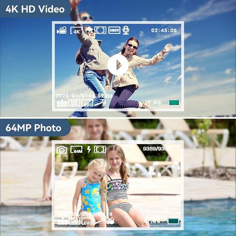 كاميرا رقمية، كاميرات مزدوجة بدقة 4K 64 ميجابكسل ذات تركيز تلقائي فائق الدقة مع بطاقة Micro SD سعة 64 جيجابايت وشاشة IPS مقاس 2.8 بوصة، وكاميرا سيلفي مدمجة للتكبير والتصغير الرقمي 18X للمراهقين والبالغين المبتدئين، باللون الأسود in Kuwait