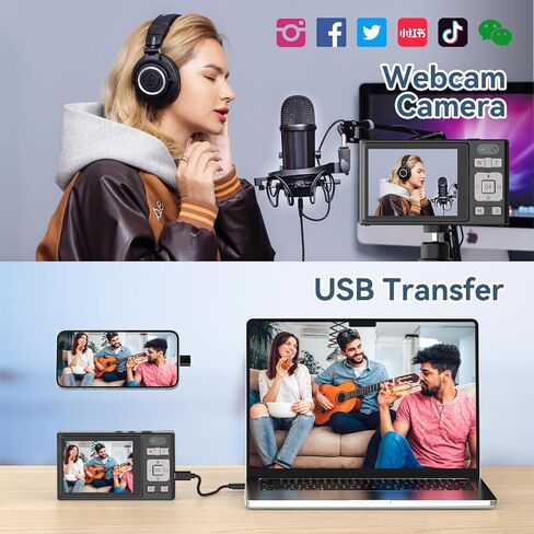 كاميرا رقمية، كاميرات مزدوجة بدقة 4K 64 ميجابكسل ذات تركيز تلقائي فائق الدقة مع بطاقة Micro SD سعة 64 جيجابايت وشاشة IPS مقاس 2.8 بوصة، وكاميرا سيلفي مدمجة للتكبير والتصغير الرقمي 18X للمراهقين والبالغين المبتدئين، باللون الأسود in Kuwait
