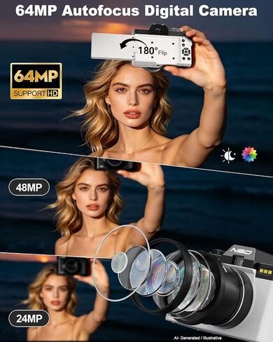 كاميرات رقمية حقيقية 8K للتصوير الفوتوغرافي، 64 ميجابكسل، واي فاي، زاوية واسعة وعدسة ماكرو، تكبير التركيز التلقائي 16X، شاشة قلاب 3 بوصات 180 درجة، بطاقة 64 جيجابايت، كاميرا تسجيل فيديو للسفر على YouTube (أبيض) in Kuwait