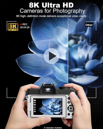 كاميرات رقمية حقيقية 8K للتصوير الفوتوغرافي، 64 ميجابكسل، واي فاي، زاوية واسعة وعدسة ماكرو، تكبير التركيز التلقائي 16X، شاشة قلاب 3 بوصات 180 درجة، بطاقة 64 جيجابايت، كاميرا تسجيل فيديو للسفر على YouTube (أبيض) in Kuwait