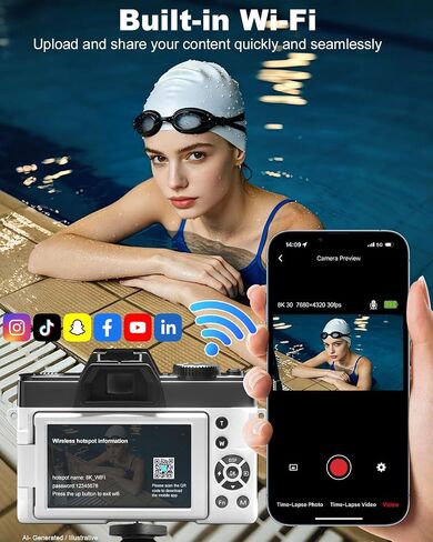 كاميرات رقمية حقيقية 8K للتصوير الفوتوغرافي، 64 ميجابكسل، واي فاي، زاوية واسعة وعدسة ماكرو، تكبير التركيز التلقائي 16X، شاشة قلاب 3 بوصات 180 درجة، بطاقة 64 جيجابايت، كاميرا تسجيل فيديو للسفر على YouTube (أبيض) in Kuwait
