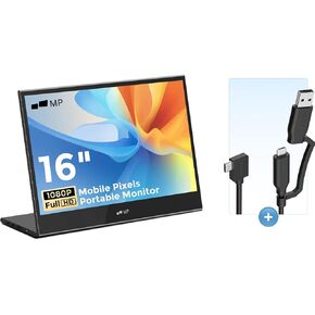 نظرة سريعة على كابل USB 2 في 1، شاشة Mobile Pixels 16 بوصة FHD 1080P، شاشة السفر مع مكبرات صوت مزدوجة، تعديل الإمالة وعدم الانزلاق، توصيل HDMI USB C وتشغيل شاشة إضافية in Kuwait