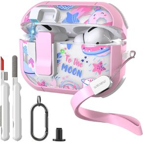 WENEW Case for AirPods Pro & Pro 2 Case Cover Secure Lock Snap Switch Clip Cleaner Kit Lanyard Women Stylish Universe Moon Full Body Hard Shell Front LED Visible (Pink Universe, AirPods Pro & Pro 2) in Kuwait