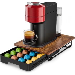 EVERIE Coffee Pod Drawer Compatible with Nespresso Vertuo Capsules, Low Profile Wooden Pod Holder, 24-Slot Rustic Brown Organizer with Metal Frame, 15.9 x 12 x 3 In in Kuwait