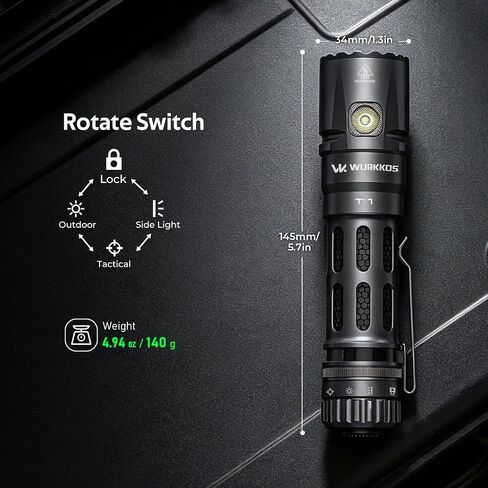Wurkkos T1 5500 High Lumens Led Tactical Flashlight, Super Bright Pocket Flashlights RGBW Side Light & Dual Modes,IPX68 Waterproof,415M Distance Beam,Camping, Hiking, Outdoor and Emergency Use in Saudi Arabia