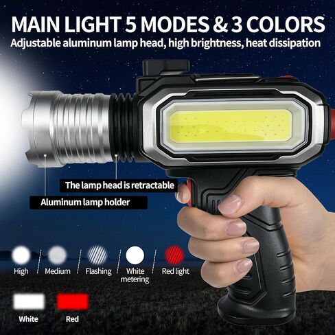 Rechargeable Spotlight, 100,000 Lumens Handheld Hunting Flashlight Led Spot Light with Cob Light and Solar Panels, Lightweight and Super Bright Spotlight for Hunting Boating Camping in Kuwait