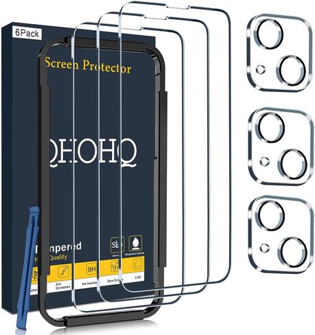 واقي شاشة QHOHQ مكون من 3 قطع لهاتف iPhone 14 Plus مقاس 6.7 بوصات مع 3 قطع من واقي عدسة الكاميرا من الزجاج المقوى، فائقة الدقة، صلابة 9H، سهل التركيب [إطار سهل التركيب] in Kuwait