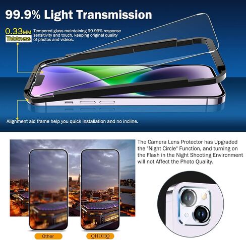 واقي شاشة QHOHQ مكون من 3 قطع لهاتف iPhone 14 Plus مقاس 6.7 بوصات مع 3 قطع من واقي عدسة الكاميرا من الزجاج المقوى، فائقة الدقة، صلابة 9H، سهل التركيب [إطار سهل التركيب] in Kuwait