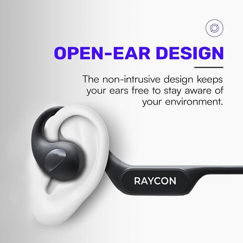 سماعات رأس Raycon Open Bluetooth - سماعات أذن مفتوحة للجري، سماعات أذن مفتوحة مقاومة للعرق والماء مع ميكروفون للرياضة والتدريبات، وقت تشغيل 12 ساعة (أسود) in Kuwait