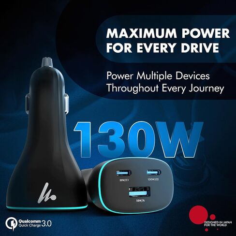 PD 130W Superfast Charging 2.0 Wozoyo Car Charger, with 2XType C & USB-A, PPS & QC 3.0, Triple Port (100W + 30W + 18W), 12V–24V Compatible, Multi-Layer Protection, 2-Years Manufacturer Warranty in Kuwait