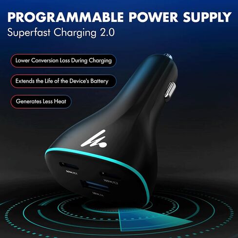 PD 130W Superfast Charging 2.0 Wozoyo Car Charger, with 2XType C & USB-A, PPS & QC 3.0, Triple Port (100W + 30W + 18W), 12V–24V Compatible, Multi-Layer Protection, 2-Years Manufacturer Warranty in Kuwait