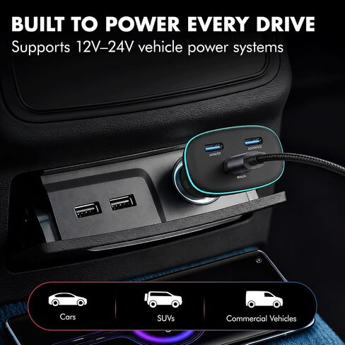 PD 130W Superfast Charging 2.0 Wozoyo Car Charger, with 2XType C & USB-A, PPS & QC 3.0, Triple Port (100W + 30W + 18W), 12V–24V Compatible, Multi-Layer Protection, 2-Years Manufacturer Warranty in Kuwait