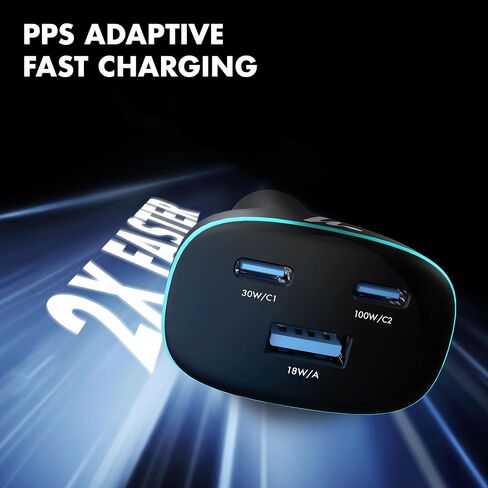 PD 130W Superfast Charging 2.0 Wozoyo Car Charger, with 2XType C & USB-A, PPS & QC 3.0, Triple Port (100W + 30W + 18W), 12V–24V Compatible, Multi-Layer Protection, 2-Years Manufacturer Warranty in Kuwait