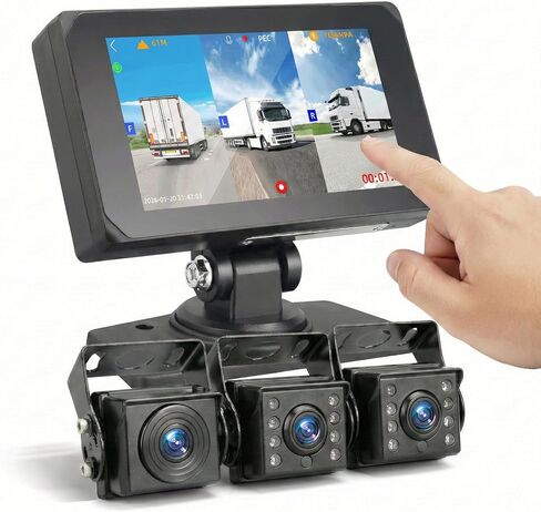 VSYSTO T5 3-Channel Truck Dash Cam System with 5" Touch Screen, 1080P Front & Side Blind Spot Cameras, 5G WiFi GPS Bluetooth & FM Audio, IP67 Waterproof IR Night Vision, 12V/24V for RVs & Trailers in Kuwait