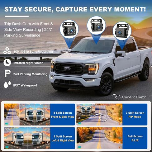 VSYSTO T5 3-Channel Truck Dash Cam System with 5" Touch Screen, 1080P Front & Side Blind Spot Cameras, 5G WiFi GPS Bluetooth & FM Audio, IP67 Waterproof IR Night Vision, 12V/24V for RVs & Trailers in Kuwait
