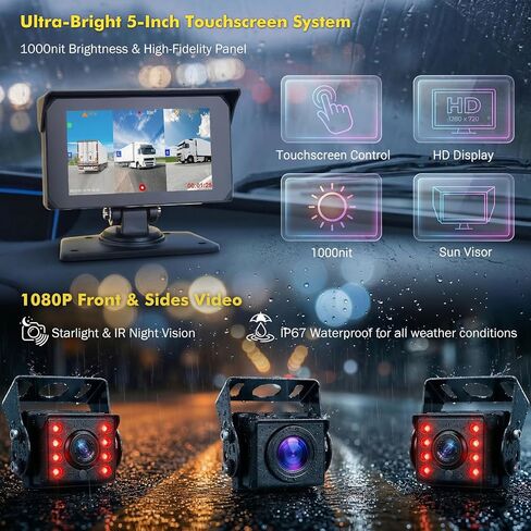 VSYSTO T5 3-Channel Truck Dash Cam System with 5" Touch Screen, 1080P Front & Side Blind Spot Cameras, 5G WiFi GPS Bluetooth & FM Audio, IP67 Waterproof IR Night Vision, 12V/24V for RVs & Trailers in Kuwait