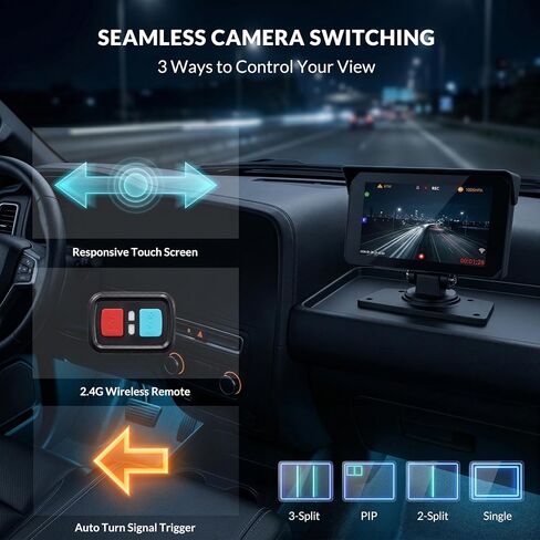 VSYSTO T5 3-Channel Truck Dash Cam System with 5" Touch Screen, 1080P Front & Side Blind Spot Cameras, 5G WiFi GPS Bluetooth & FM Audio, IP67 Waterproof IR Night Vision, 12V/24V for RVs & Trailers in Kuwait